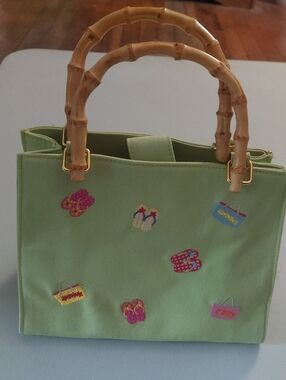 Y2K Era Mini Green Beach Theme Canvas Tote with Bamboo Handles/embroidered motif